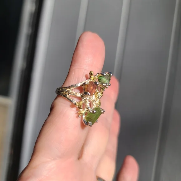 Turmulene green ocean & watermelon 🍉 w/Peridot sterling & gold ring sz6.5 - Picture 6 of 11